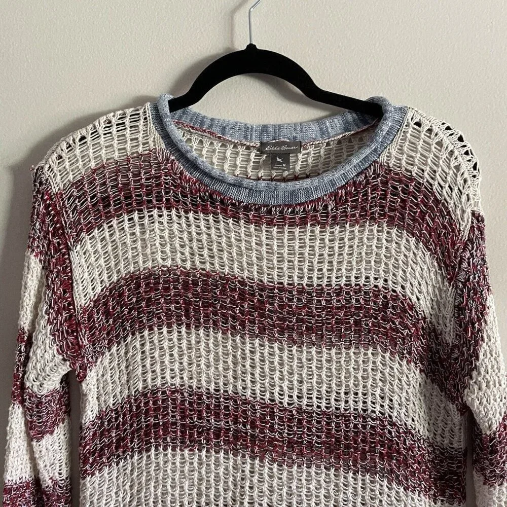 Eddie Bauer Women Sz M Ivory/Red/Blue Striped Linen Blend Knit Pullover Sweater
